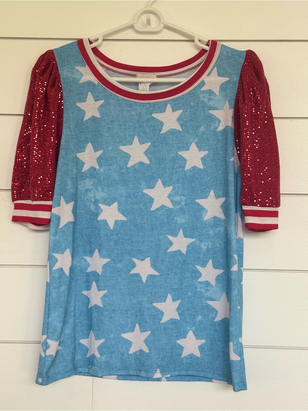 Blue Star Print Top with Red Sequin Puff Sleeves
